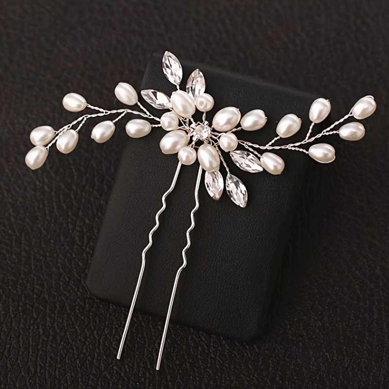 Image of 1pc Hairpin Jewelry Golden Silvery Bride Pearl Headdress