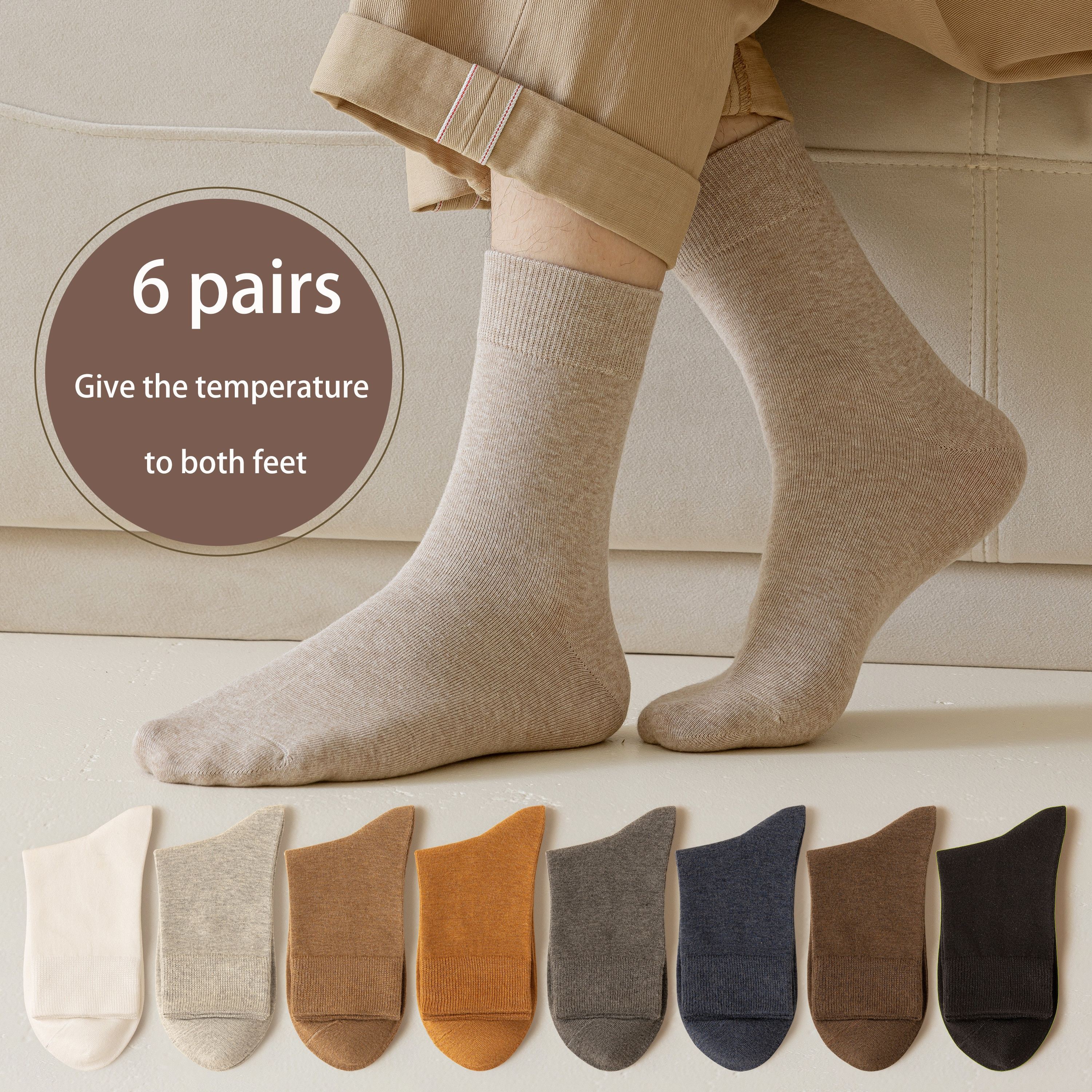 

6 Pairs Of Men's Mid-calf Solid Cotton Socks, Winter Autumn And Winter Solid Color Casual Comfortable Men's Versatile Cotton Socks