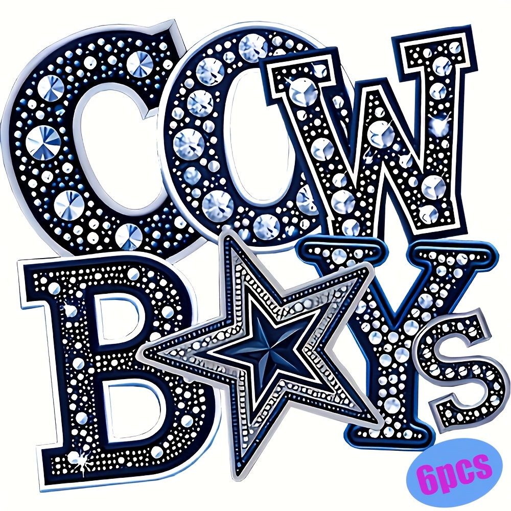 

6-pack Iron-on Heat Transfer Vinyl Decals, Cowboy Prints With Diamonds And Stars, Appliques For T-shirts, Masks, Jeans, Backpacks - White & Material