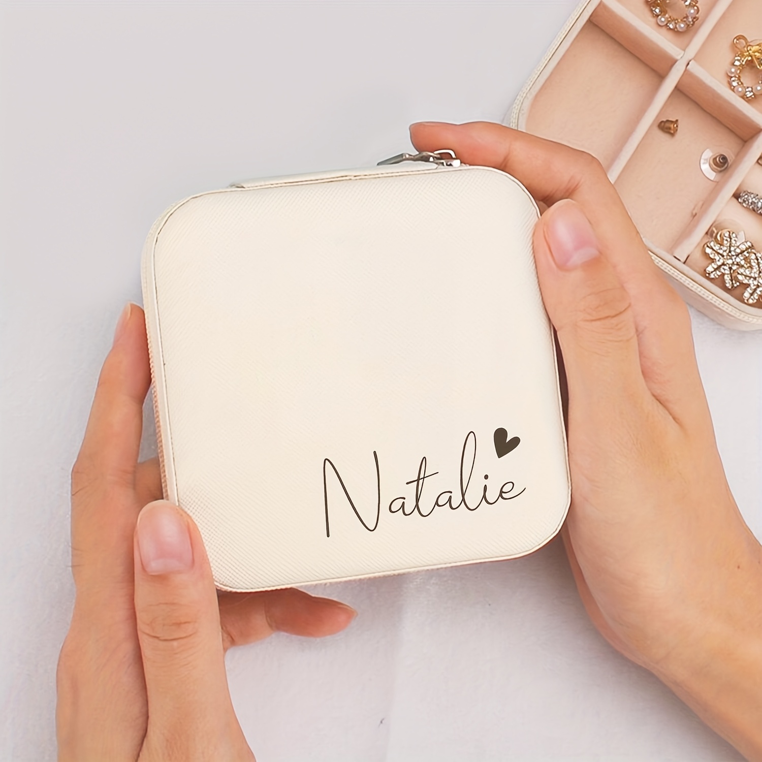 TEMU Personalized Name & Heart-shaped Jewelry Box - Custom Beige Bridesmaid Jewelry Box With Zipper Closure, Fabric Lining, And Compartments, Jewelry