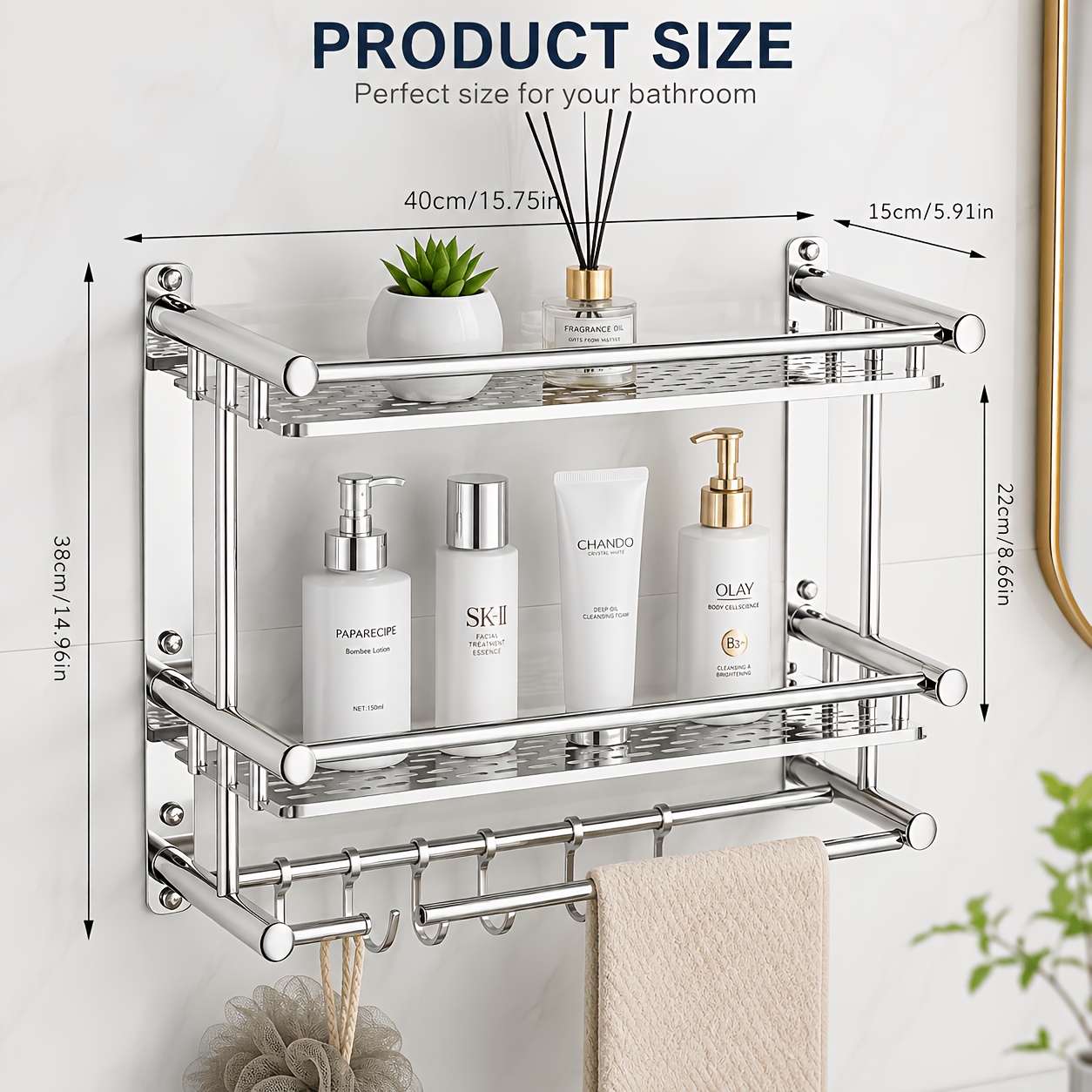 TEMU 2-tier Stainless Steel Bathroom Shelf With Towel Bar, Wall Mounted Shower Organizer Rack, Drill Or No-drill Installation, Rustproof Heavy Duty