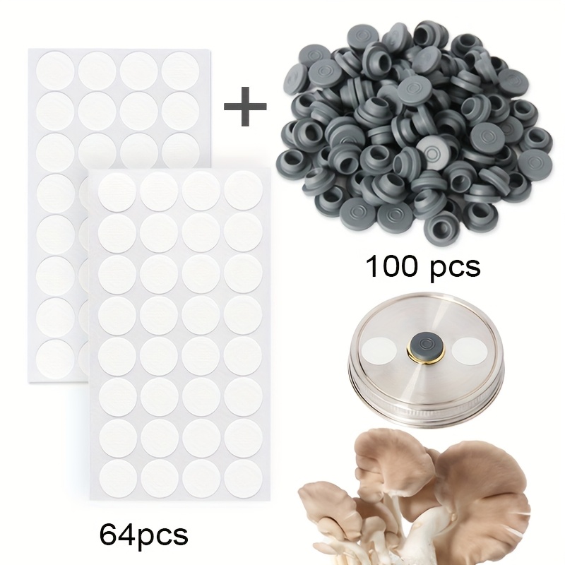 Image of 64pcs Synthetic Filter Paper Stickers And 100pcs Vial Rubber Stoppers Injection Ports For Mushroom Cultivation (13.2mm Diameter) For Mushroom Cultivation Tools