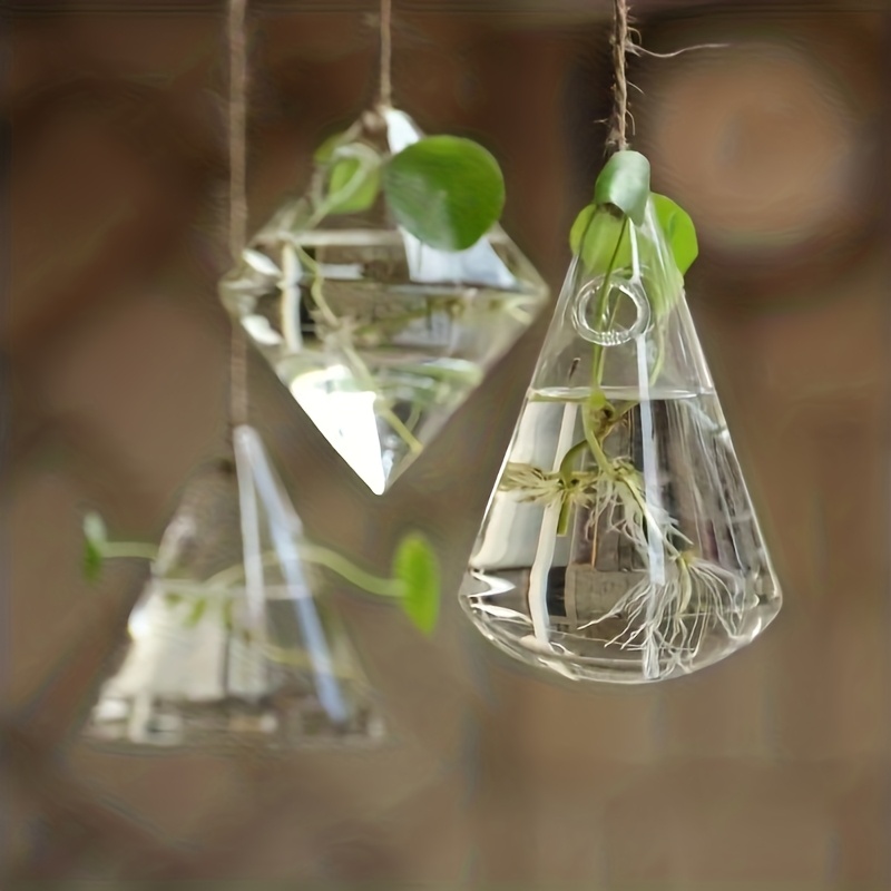 Image of 3pcs Complete Set Indoor Outdoor Glass Hanging Planters Hydroponic Plant Growing Station Suitable For Courtyard Living Room Bedroom Kitchen Decor Gift For Plant Lovers