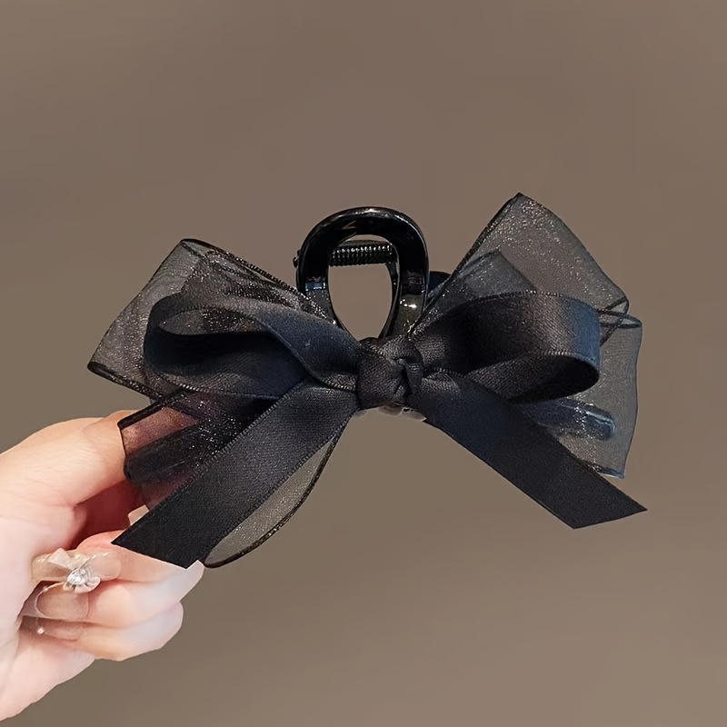 TEMU 1pc Black Mesh Bow Hair Claw Clip For Thick Hair, Updo Hairpin, Headpiece, High-end Temperament Shark Clip For The Back Of , Suitable For Daily
