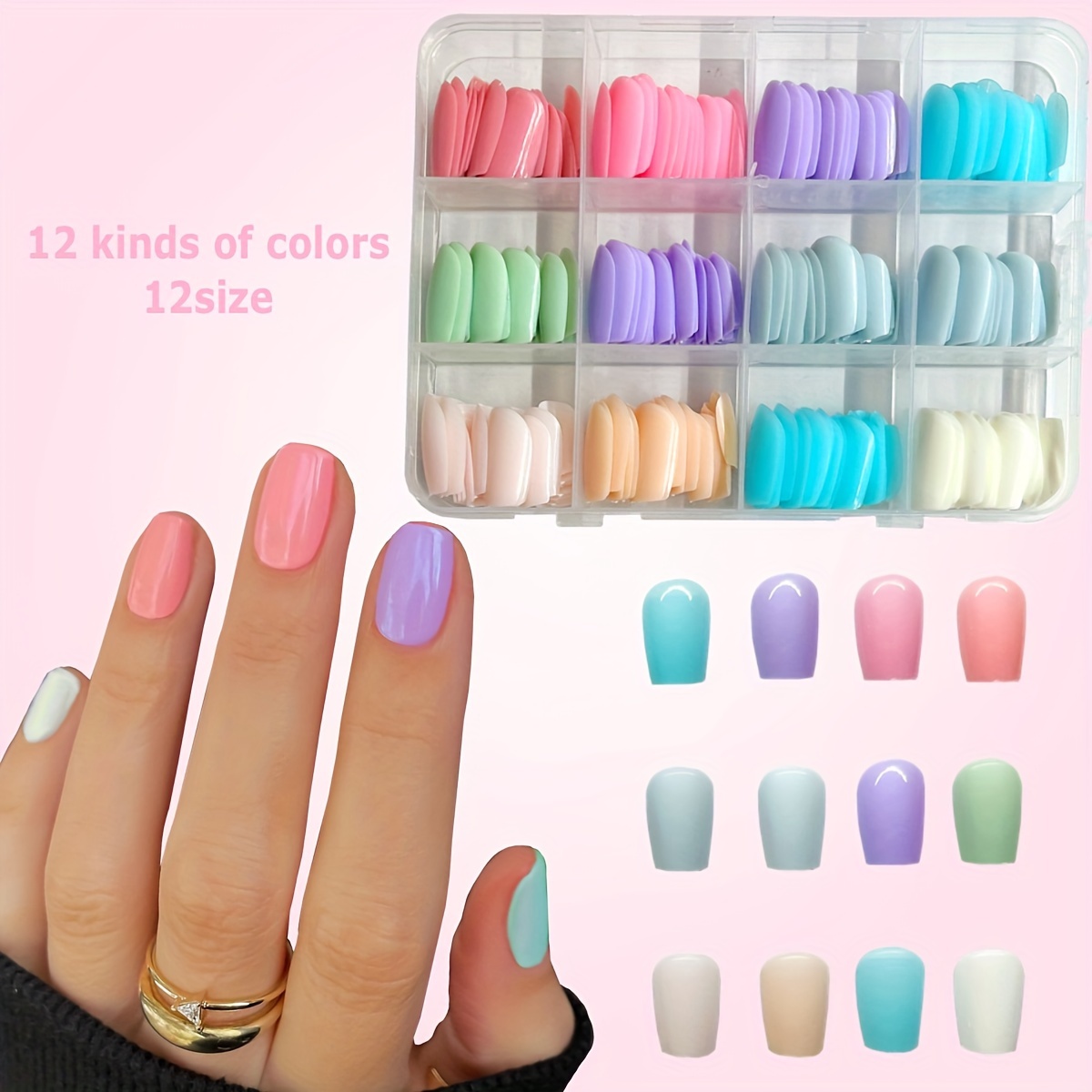 

Ensemble de 288 Ongles Ultra-Mince à Presser - 12 Couleurs, Carrée Courte, - pour les DIY & Utilisation en Salon, , Autocollants pour Ongles