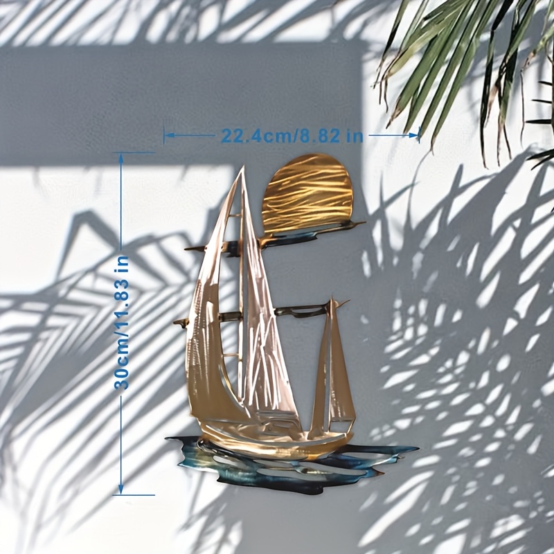 E-shop 1 Stück Moderne Metall-Wandkunst Segelboot-Silhouette Sonnenuntergang - Horizontale Geometrische Nautische Segelschiff-Wanddekoration,
