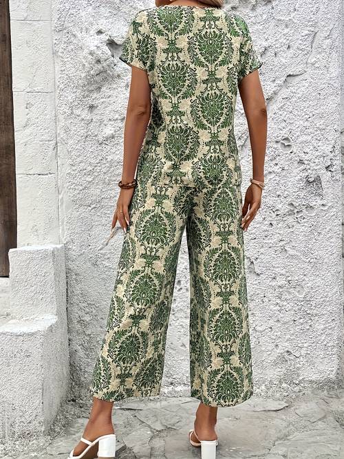 conjunto elegante de piezas: camiseta de manga corta y pantalones anchos con estampado floral en verde y beige, de poliéster - ideal para atuendos casuales o elegantes, traje de pantalones elegante | pantalones con estampado floral | pantalones de poliéster