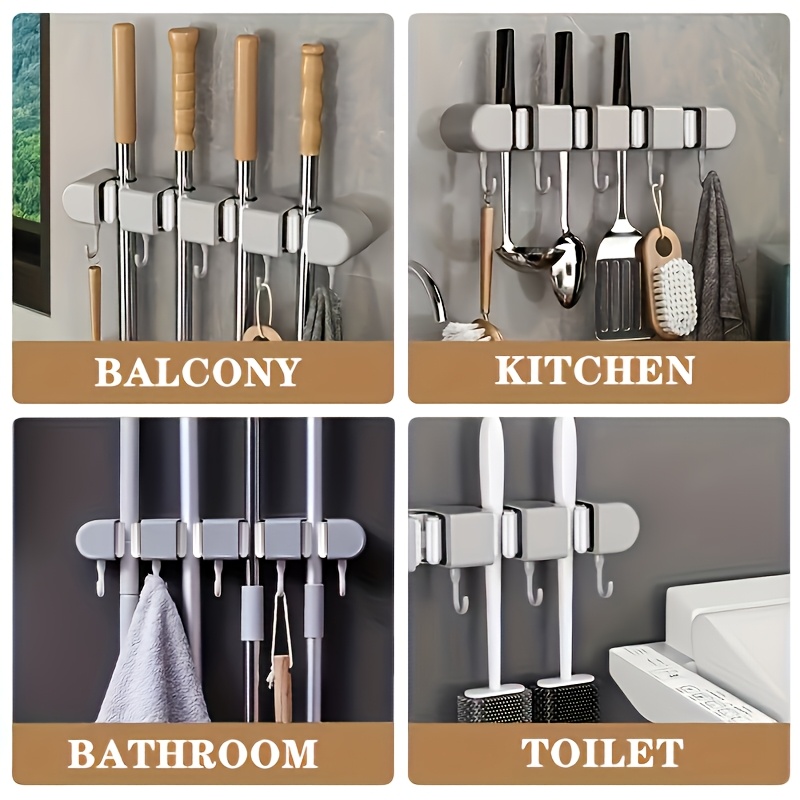 Image of 12.6inch Large Wall-mounted Mop Rack With 5 Hooks And 4 Holes- Heavy-duty Plastic Space- Organizer, No , Multi-hook Design, Suitable For Mops, Brooms, Dustpans, Toilet Brushes- , Suitable For Kitchen