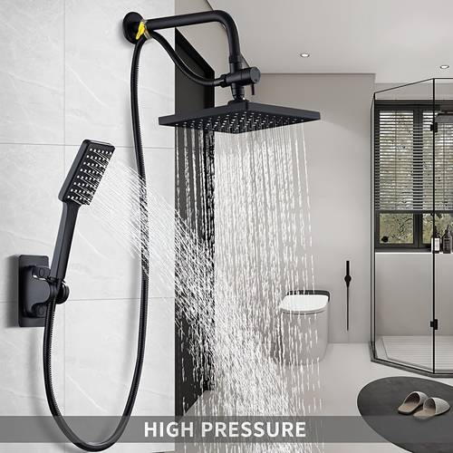 1 set of luxury matte black shower set with handheld showerhead wall mounted with an extra long hose and way splitter to enhance the bathing experience