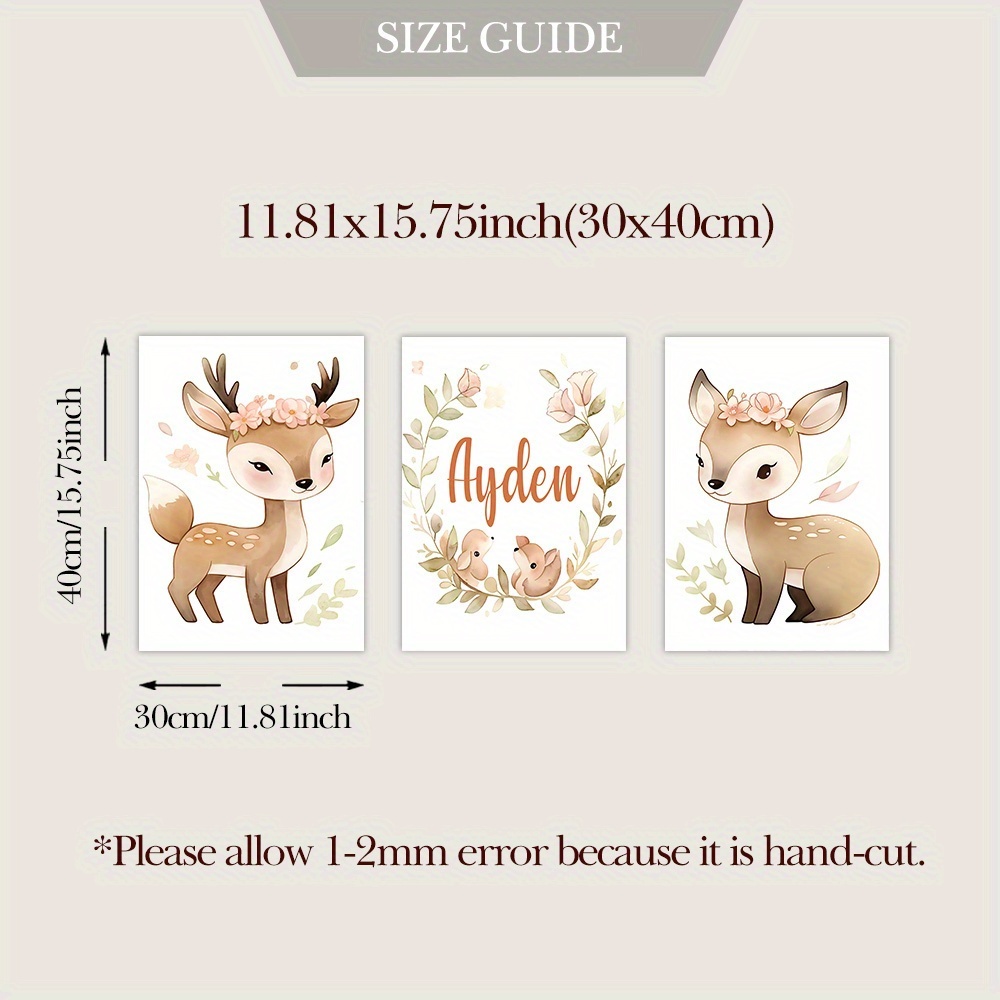 TEMU 3 pièces Art Mural Personnalisé de , Décoration Animale Florale Personnalisée, Décorations Aquarelle pour Chambre de Bébé, Décoration