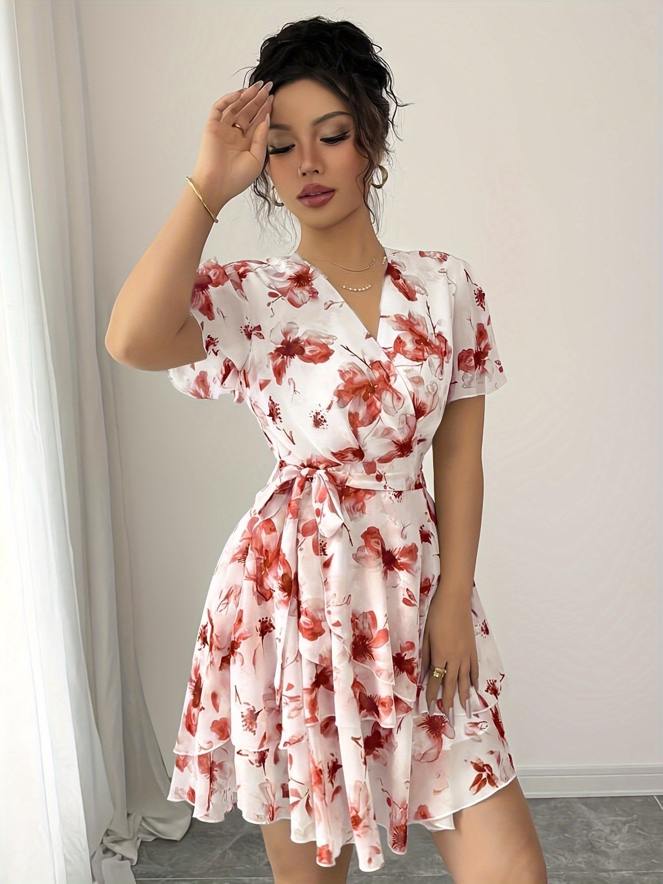 elegant floral mini dress cross v neck ruffle detail short elegant floral mini dress cross v neck ruffle detail short