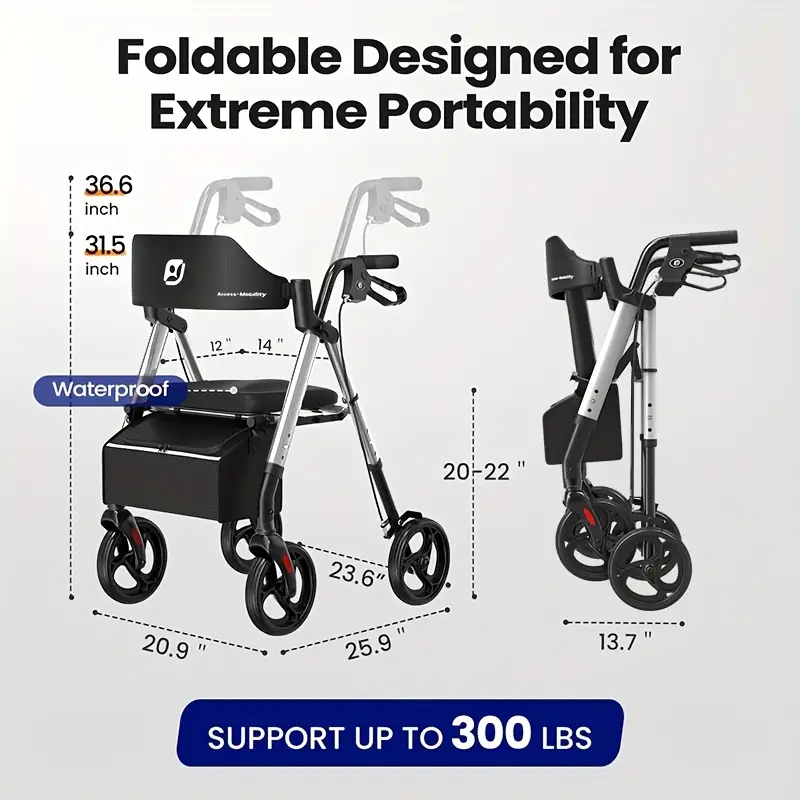 foldable rollator walker for seniors durable aluminum frame 8 all terrain wheels ergonomic seat backrest dual adjustable height 300 lb capacity storage basket linear brakes details 6