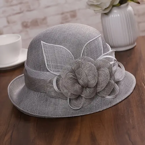 elegant light gray linen sun hat for women with white floral accent wide brim for sun protection breathable hand washable ideal for spring summer derby events church