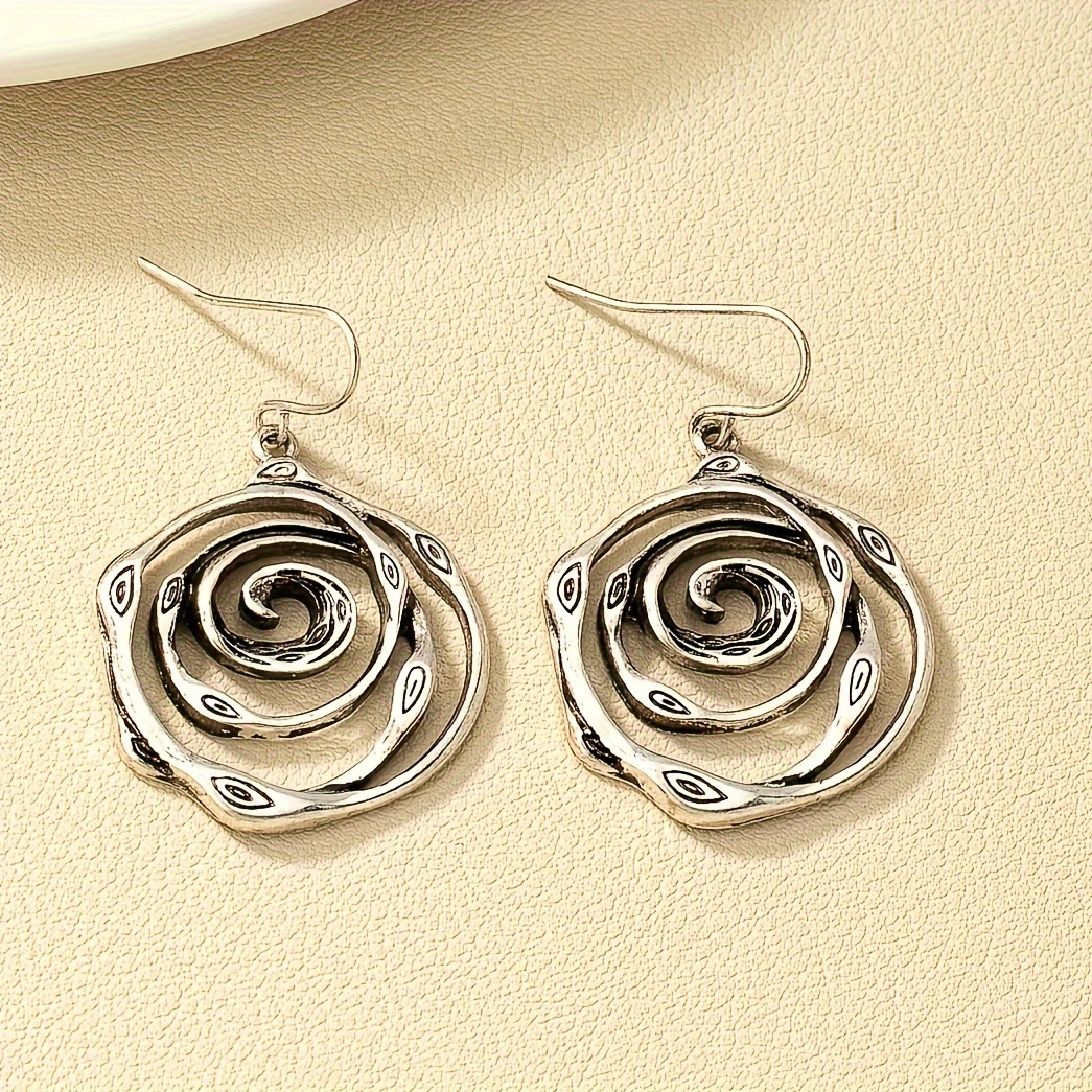 

Rustic Vintage Spiral Pattern Dangle Earrings, Fashion Antique Silvery Dangle, Classic Retro Style Drop Earrings For Women, Bohemian Jewelry Accessory