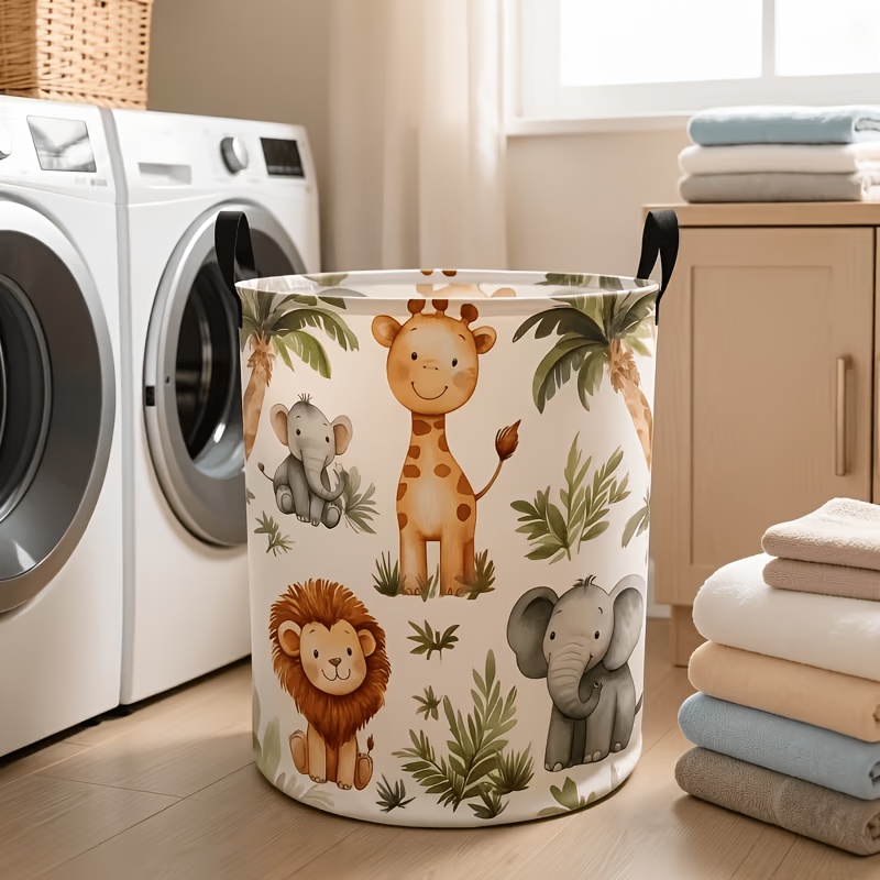TEMU A Large Laundry Basket With Animal Prints, Specifically Designed For Storing Dirty Clothes. The Spacious Basket Has A Handle For Easy Carrying,