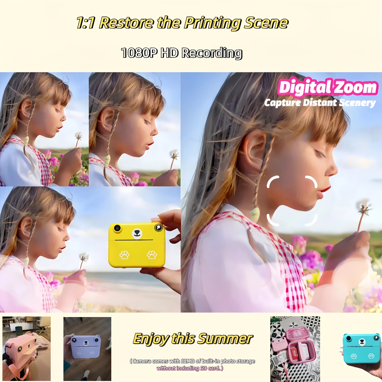 Kids Mini Portable Instant Thermal Printing Camera with 1080P HD