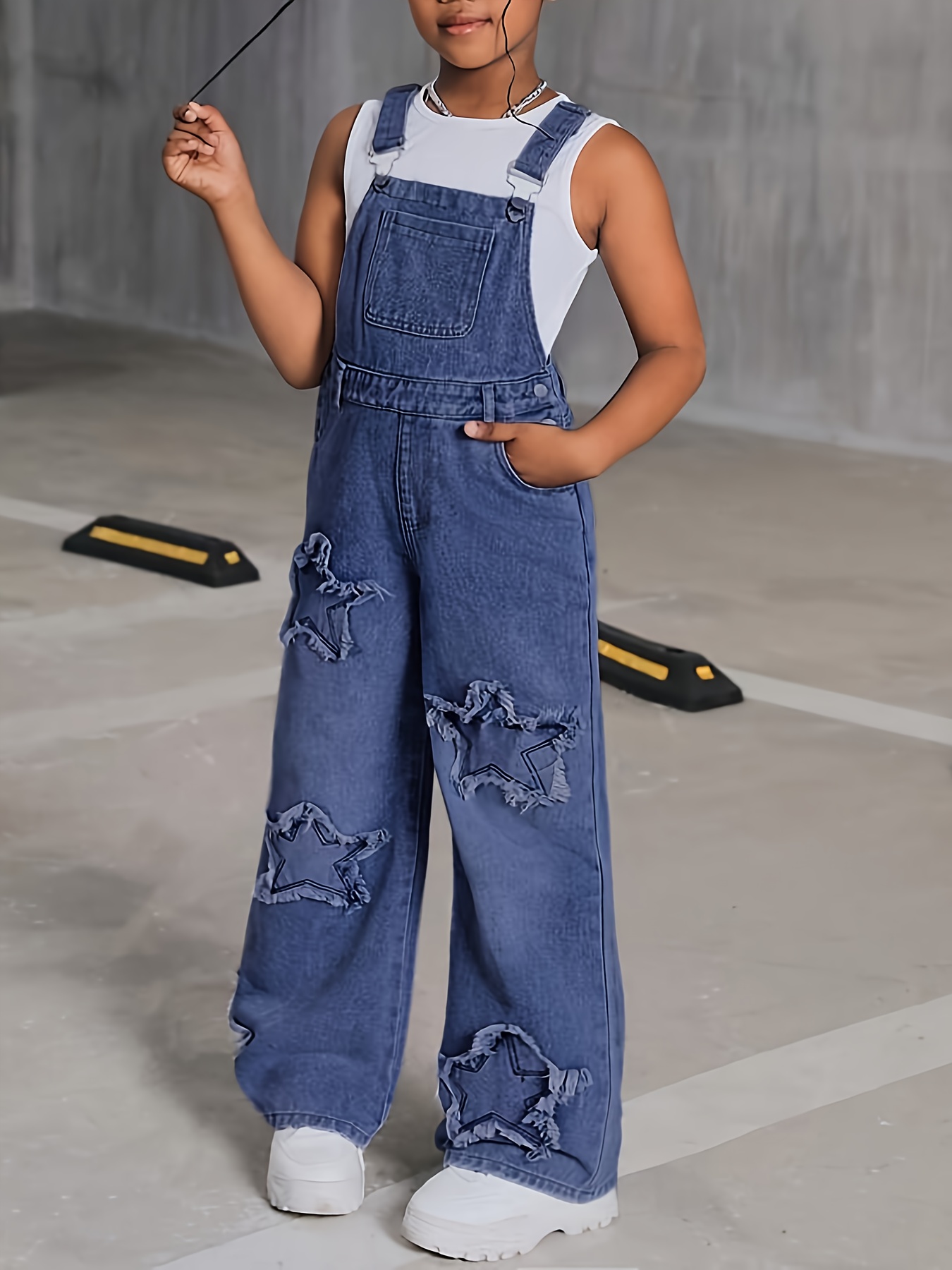 hey+ 2k star embroidery denim jumpsuit girls loose fit