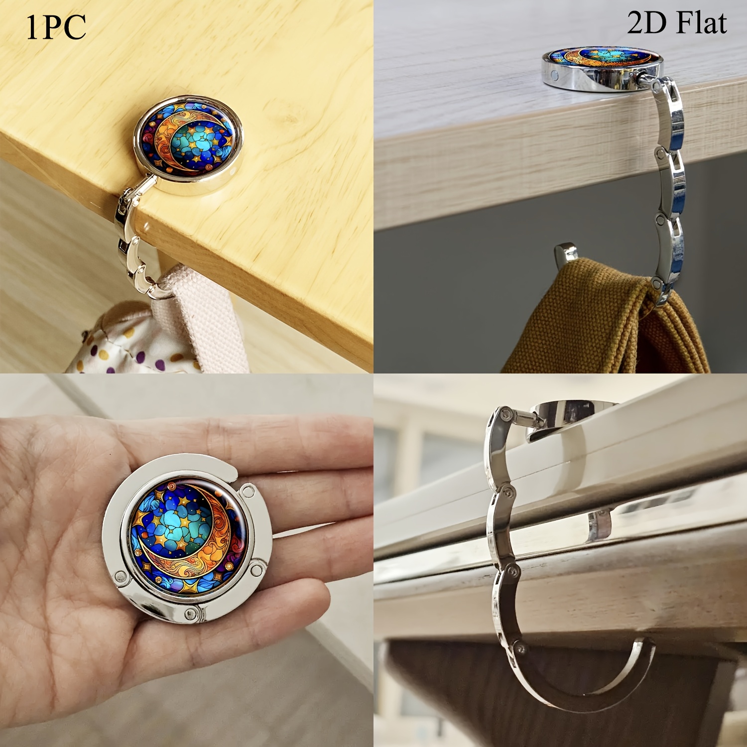 2D Cosmic Moon and Star Stained Glass Art Purse Hook