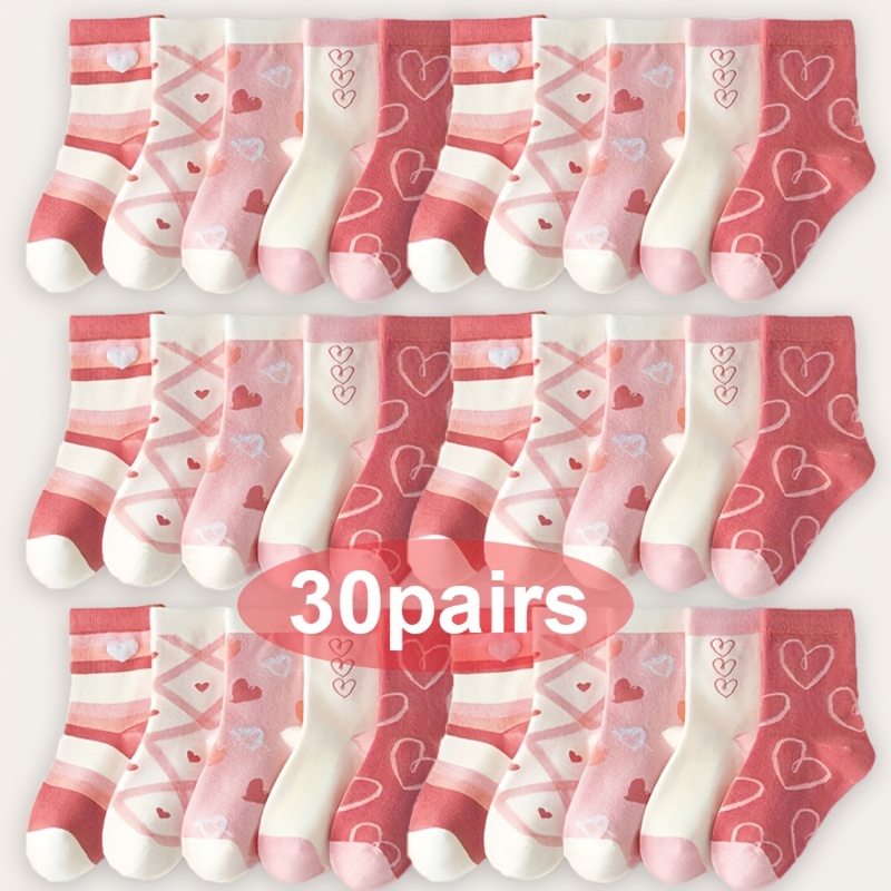 E-shop 30 Paar Socken für Mädchen, für alle Jahreszeiten, warme Socken mit Herzmuster in süßem Rosa, ideal für einen Prinzessinnen-Stil