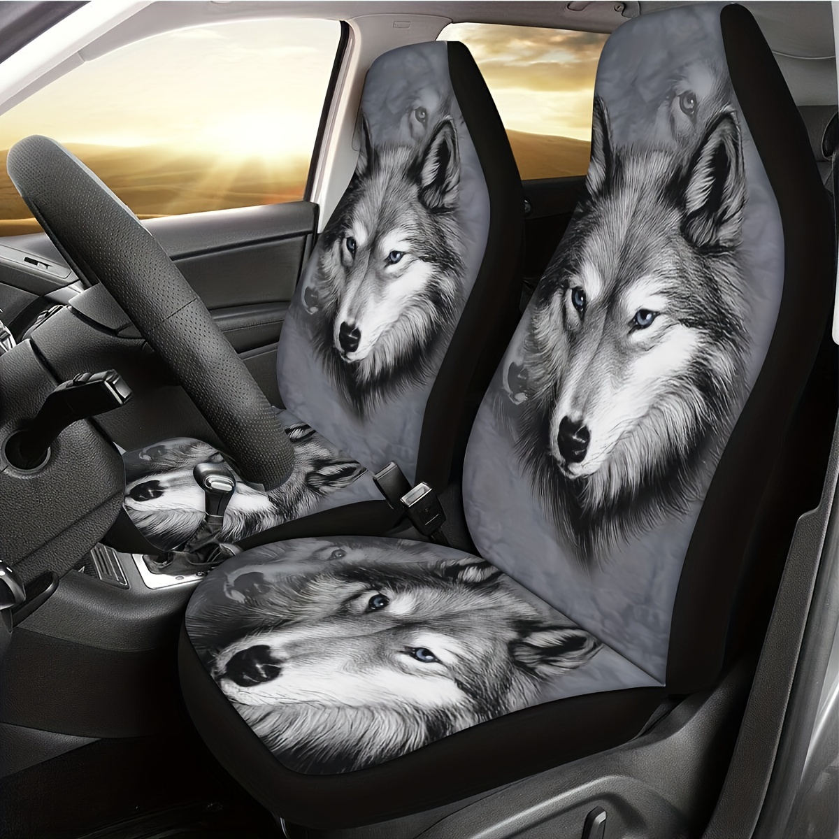 

1pc Grey Wolf Print Car Viscose Seat Cover