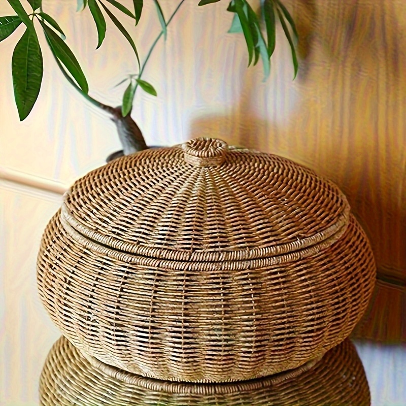 Storage Basket With Lid - Large Boho Desktop Organizer Bin For Bedroom, Closet And Makeup Jewelry Storage, Woven Decorative Box, Shelf Baskets
