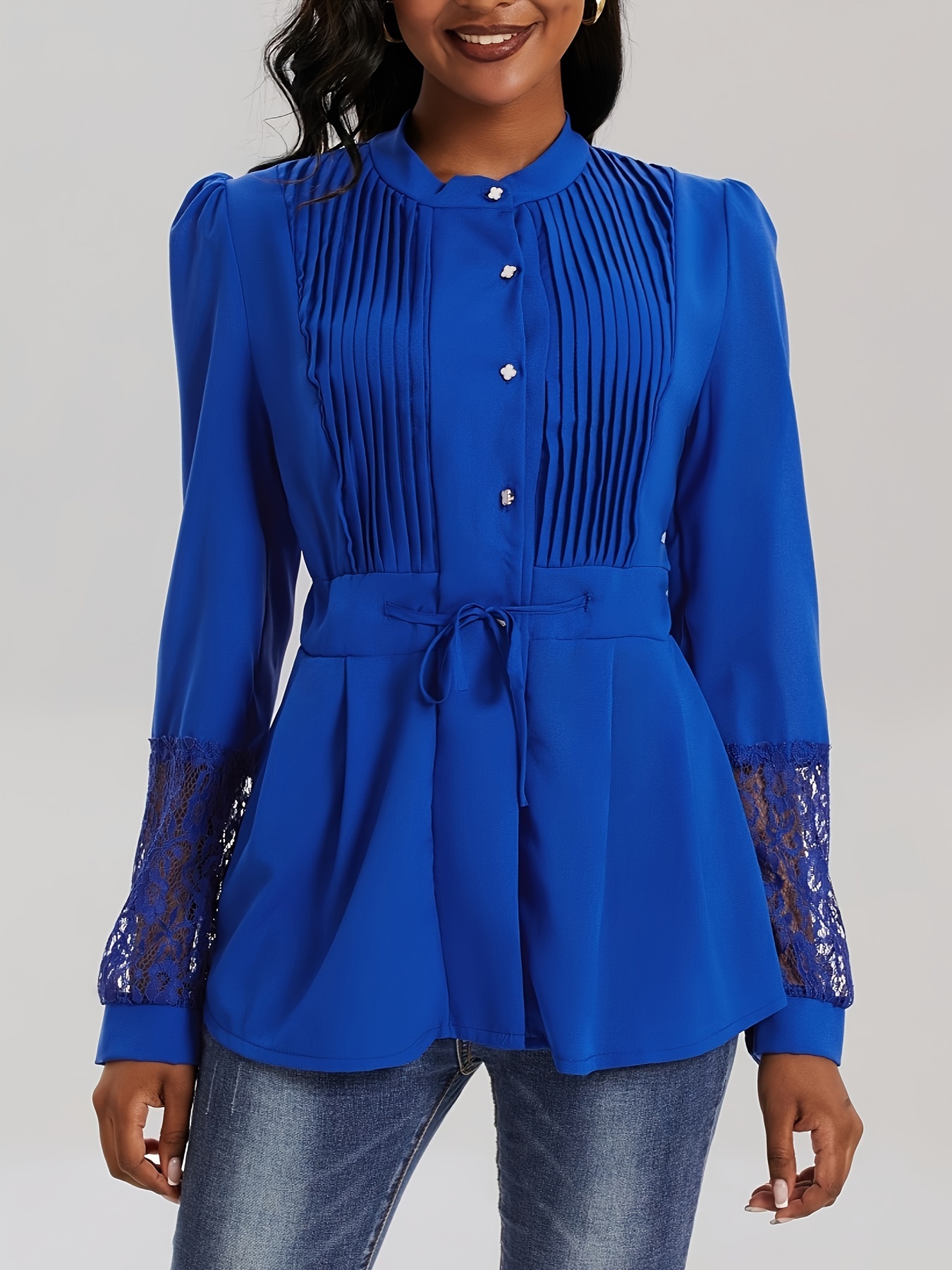 Pleated Lace Contrast Blouse Elegant Mock Neck Long Sleeve - Temu