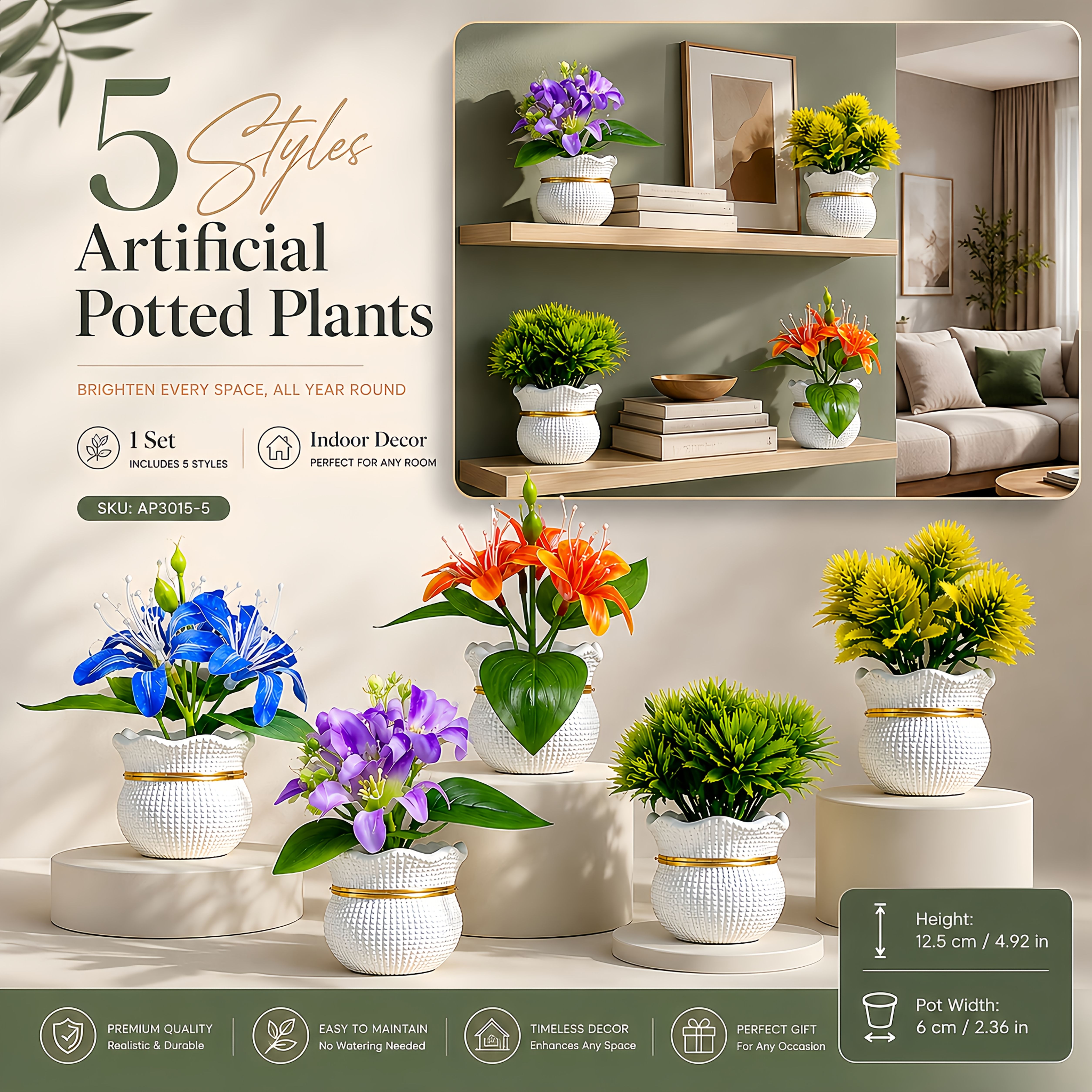 TEMU 5pcs Faux Flower Desktop Mini Potted Plants, Of Colorful Artificial Plants With White Textured Pots, No Watering And Maintenance Home Decor,