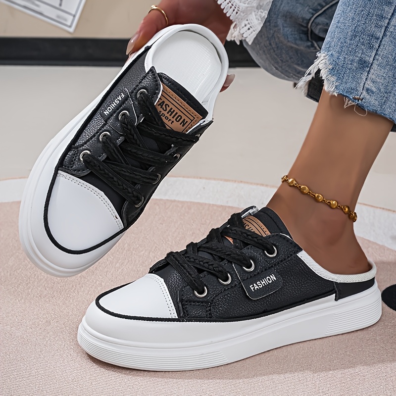 TEMU Mules plateformes blanches pour femmes printemps 2026 avec bordure noire - Chaussures paresseuses, tendance et polyvalentes pour le streetwear ,