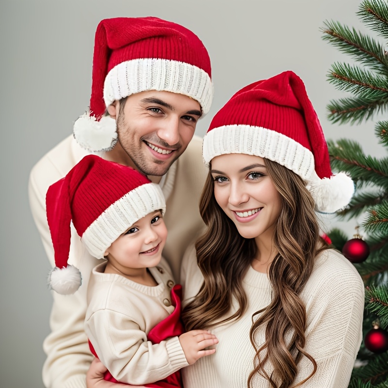 

1 Set Festive Christmas Santa Hats For Family - Polyester Knit Beanie For Men, Women, And Kids - Machine Washable, No Feathers, Holiday Parties