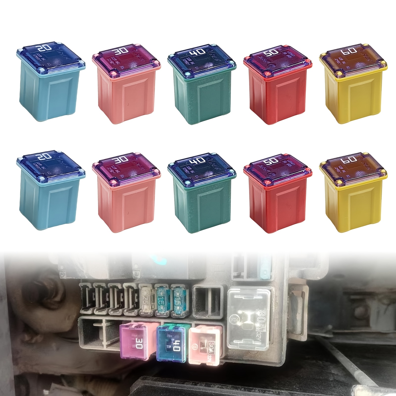 TEMU Kit de 10 fusibles miniatures à profil bas pour camionnettes, voitures et VUS (20A/30A/40A/50A/60A, 2 pièces de chaque)