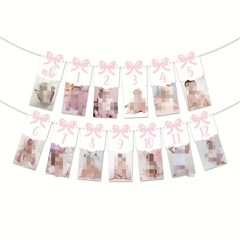 Image of Pink Bow Paper Photo Frame Banner Pennant Flag For First Birthday Growth Record Decoration Supplies