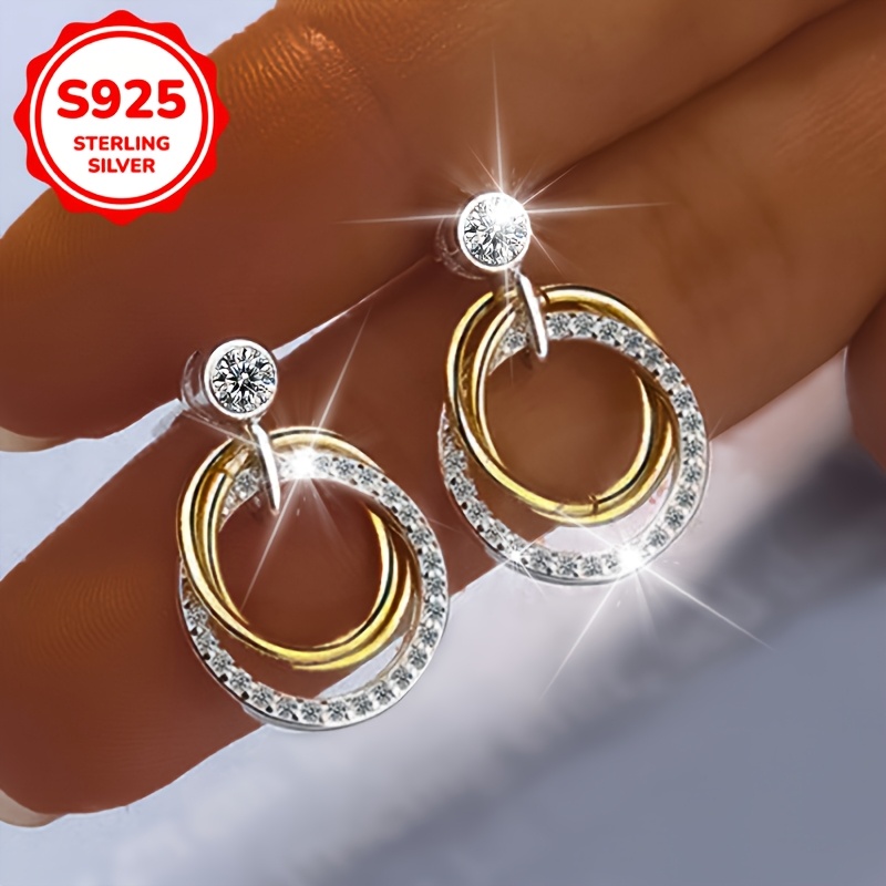 

Elegant 925 Sterling Silvery Double Ring Dangle Earrings With Sparkling Cubic Zirconia - & Vacations