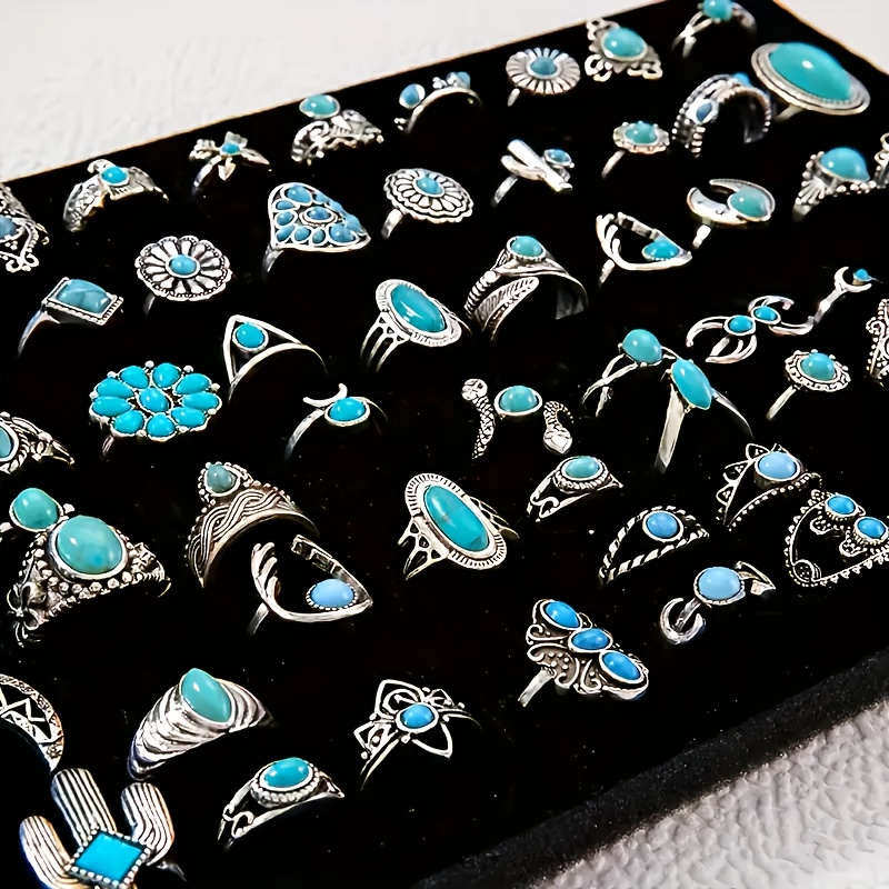 TEMU 44pcs Vintage Turquoise Ring Set, Bohemian-style Rings, Layered Ring Set, Perfect For Women's Everyday Wear, Vacations, Parties, And Holiday