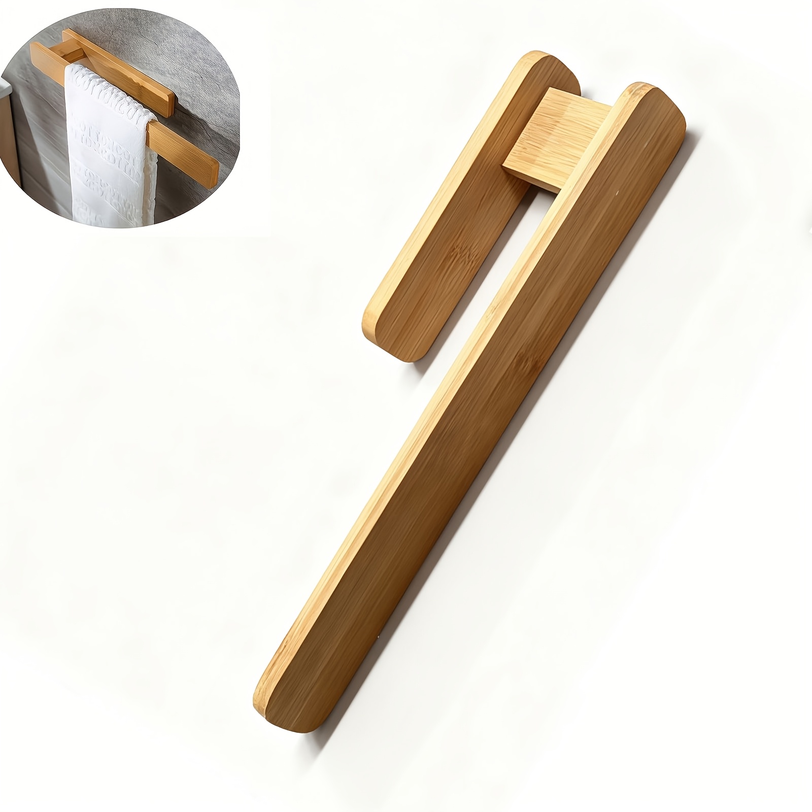 Image of 1pc Bamboo Wooden Towel Rack, Self-adhesive Wall Mount, And Space Design, No Drilling Required, Perfect For Bathroom And Kitchen, Large And Small Towel Racks