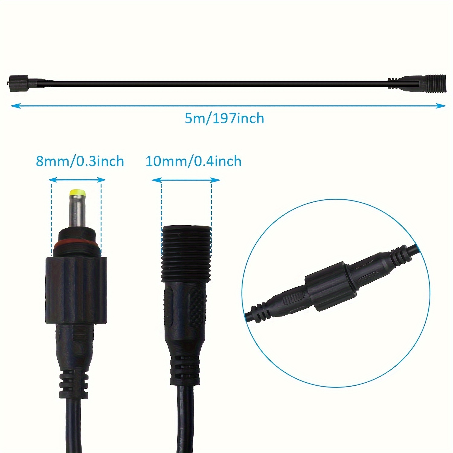 1/2 vnt. 16,4 pėdų (5M) DC ilginamasis laidas, 5,5 X 2,1 mm saulės sodo šviestuvų lauko jungiamasis kabelis, juodas, tinkamas 200 LED, 126 LED, 228 LED, 348 LED, 190 LED, 202 LED, 118 LED, 328 LED ir kitiems saulės skirstytų šviestuvų ilginamiesiems laidams