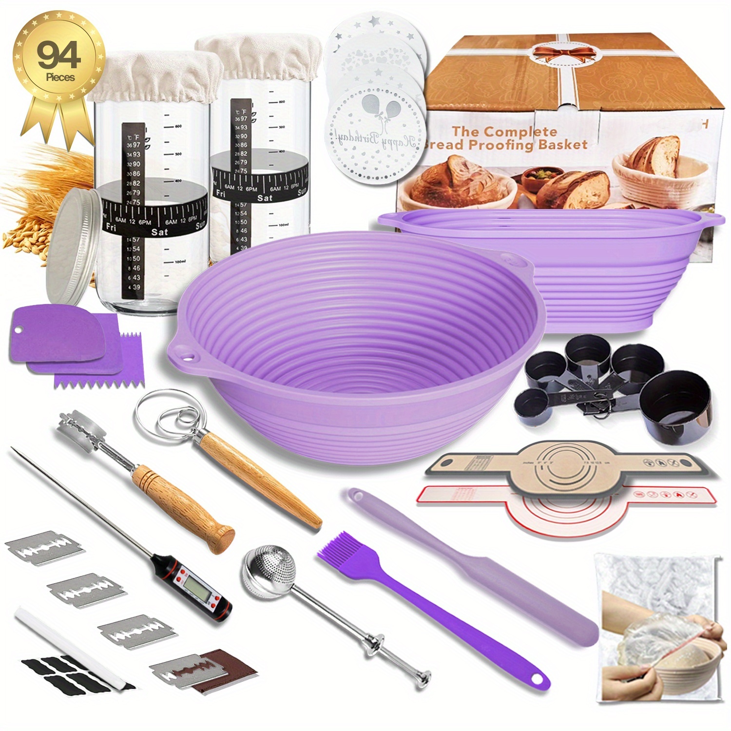 TEMU Sourdough Bread Fermentation Kit: 94pcs Set, 9-inch Round + 10-inch Oval Proofing Baskets, 2 24-ounce Sourdough Fermentation Jars, Complete