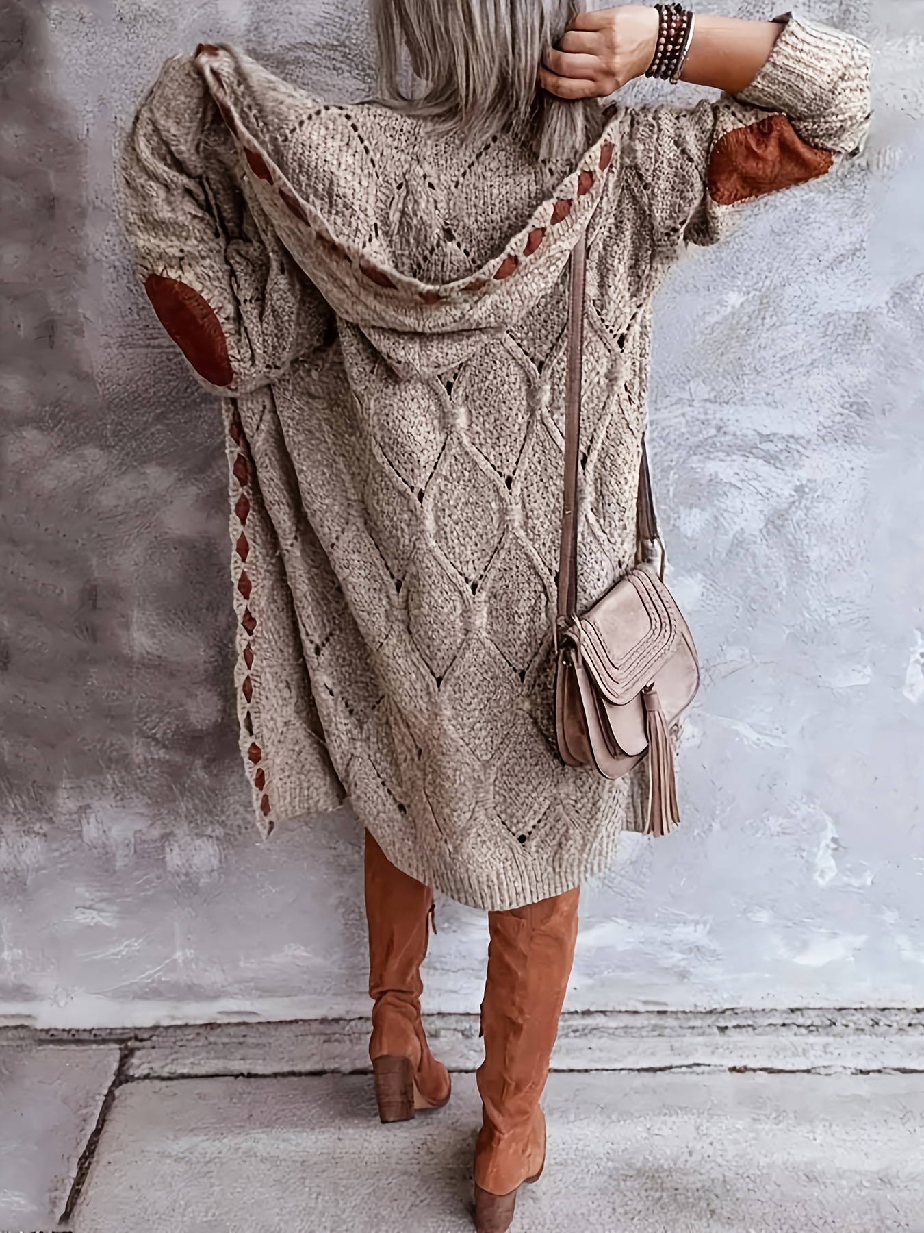 κομψό γυναικείο καρντιγκάν με κουκούλα και σχέδιο πλέγματος rachel - υψηλής ελαστικότητας ανοιχτό μπροστά για φθινόπωρο/χειμώνα, γκρι & καφέ, χαριτωμένο πουλόβερ Στοιχεία είδους 1