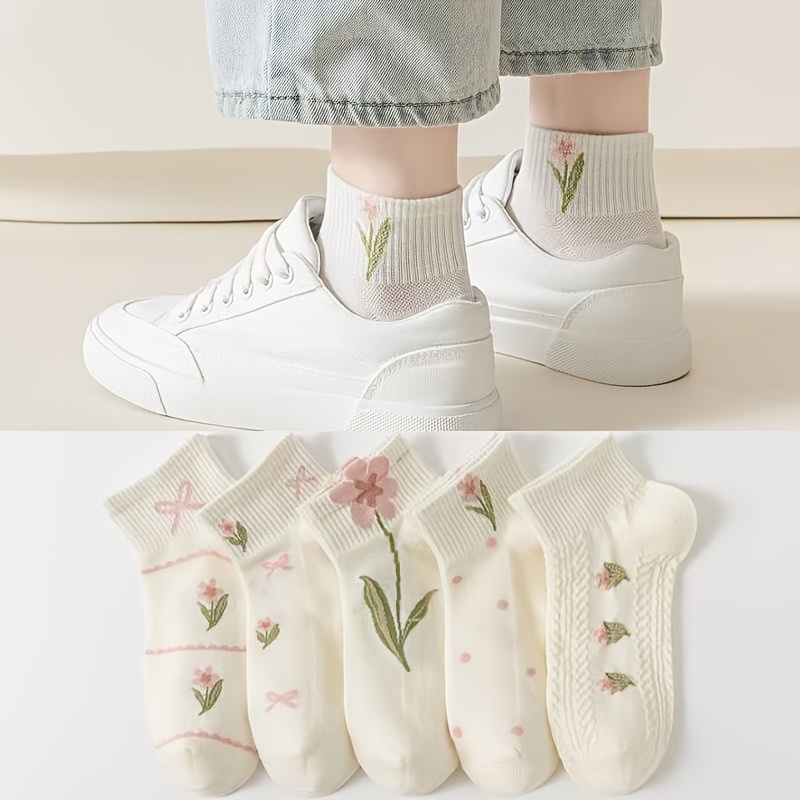 

5 Pairs Women's Floral Applique Short Socks, Polyester 95% Spandex 5% Knit Fabric, Low Cut Ankle Socks For Spring/summer, Cute Socks