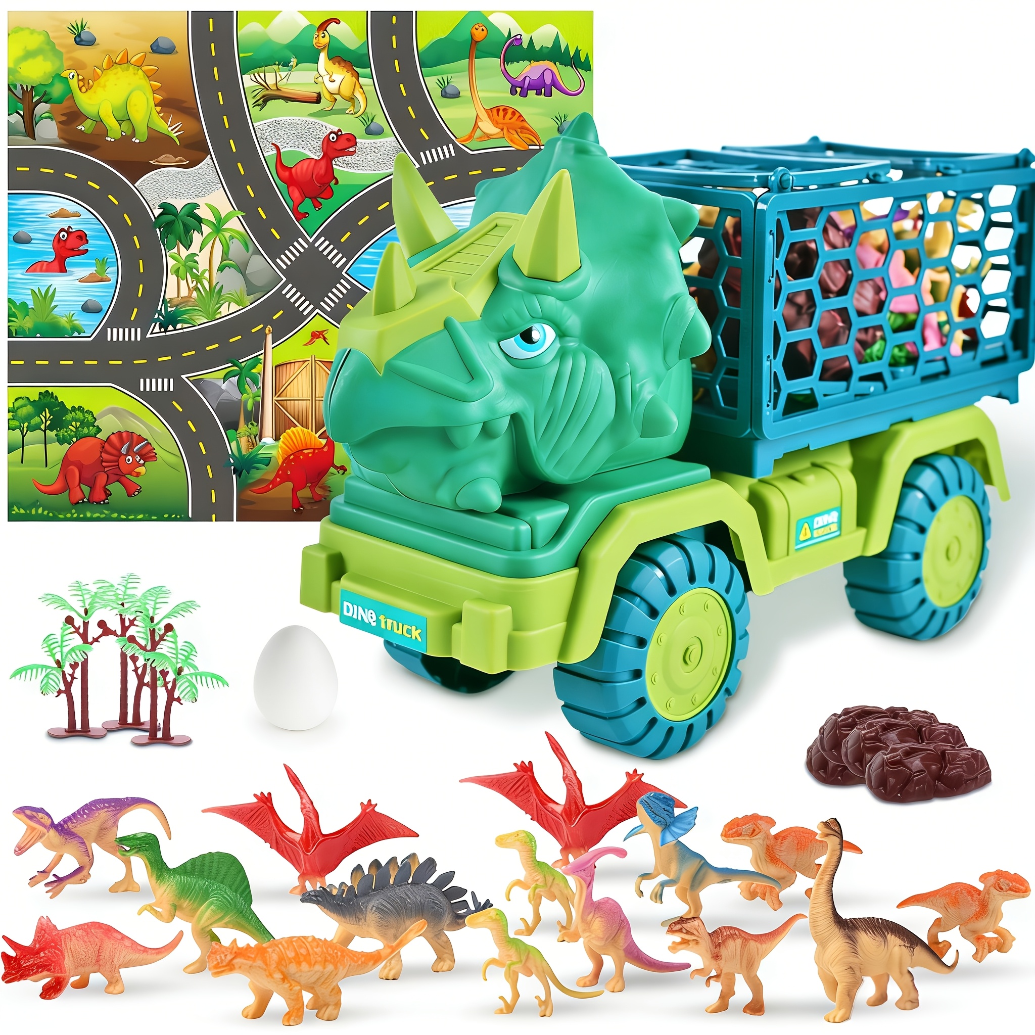 TEMU Dinosaur Truck Toys, Triceratops Car Toys, With 15 Dinosaur Dolls, Large Game Mats, , Dinosaur Game Sets Suitable For Of Boys And Girls