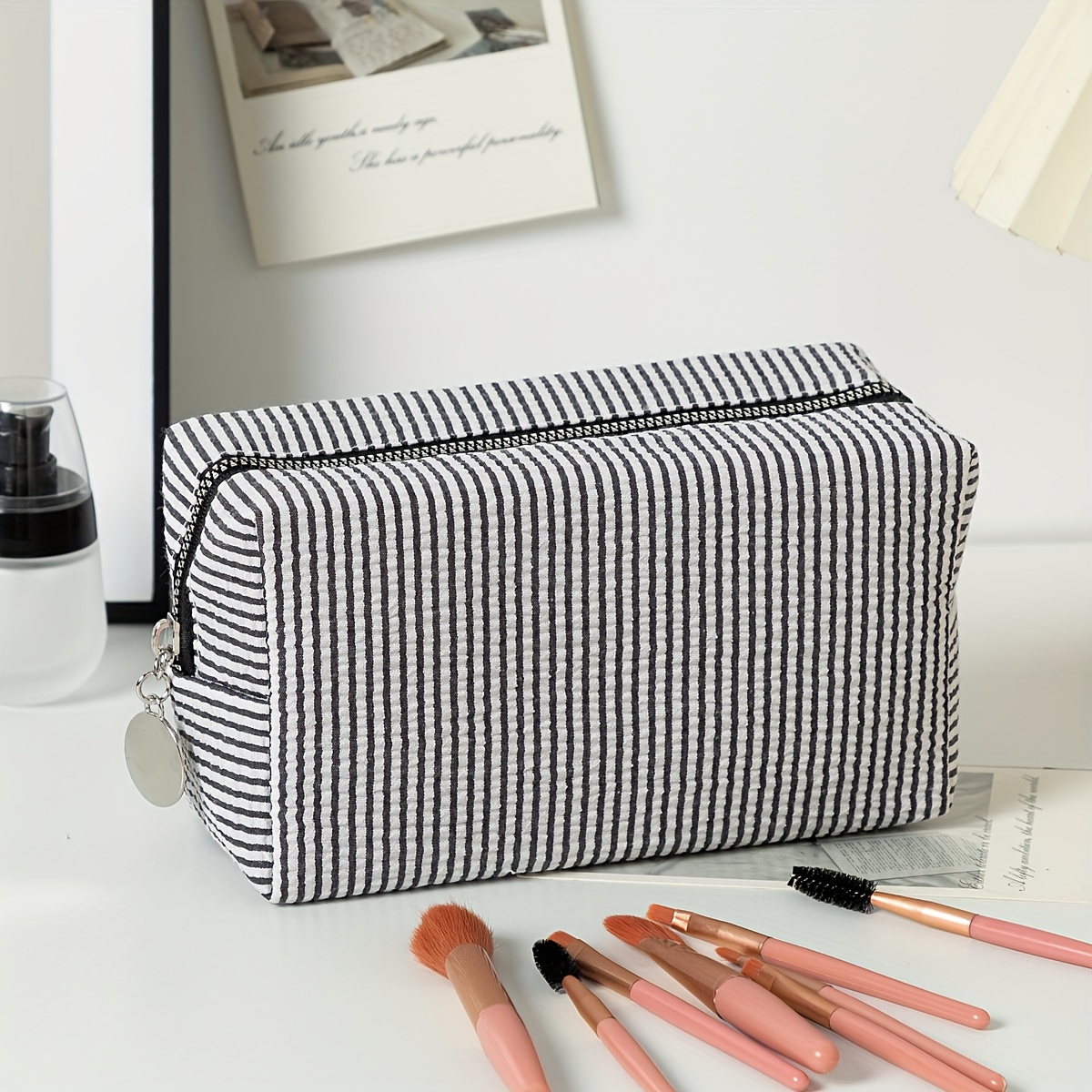 1pc Custom Embroidered Striped Travel Toiletry Bag - Personalized Cosmetic Organizer, Zippered Makeup Pouch, Portable Polyester Storage Case For Travel, School, Dorm, Or Home