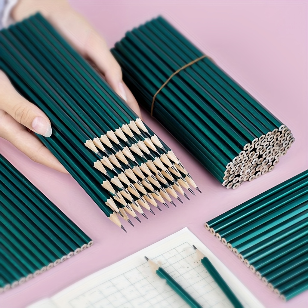 50 100 hb wooden pencils writing stationery drawing pencils hexagonal small green pole pencils details 0