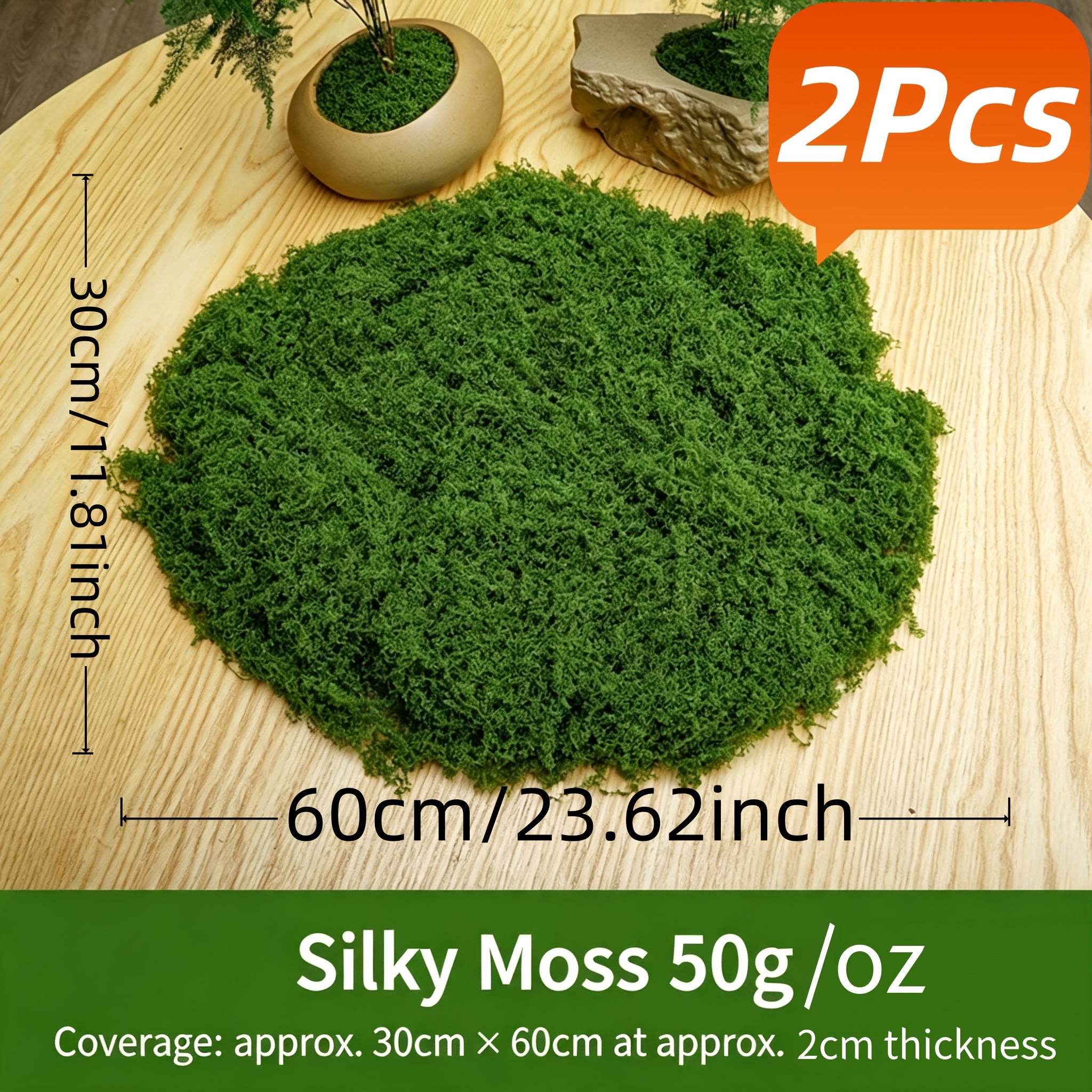 TEMU 2pcs Green Artificial Moss Mats, Total 100g, Coverage . 11.8in .24in, Cuttable Moss For Indoor & Outdoor Landscaping, Garden Natural Scene