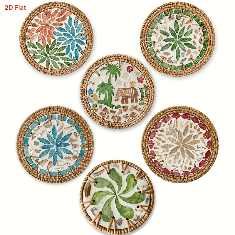 TEMU Lot de 6 sous-verres plats 2D en bois avec d' tressés à base de plantes, convient pour plusieurs occasions comme les bars, les réunions de