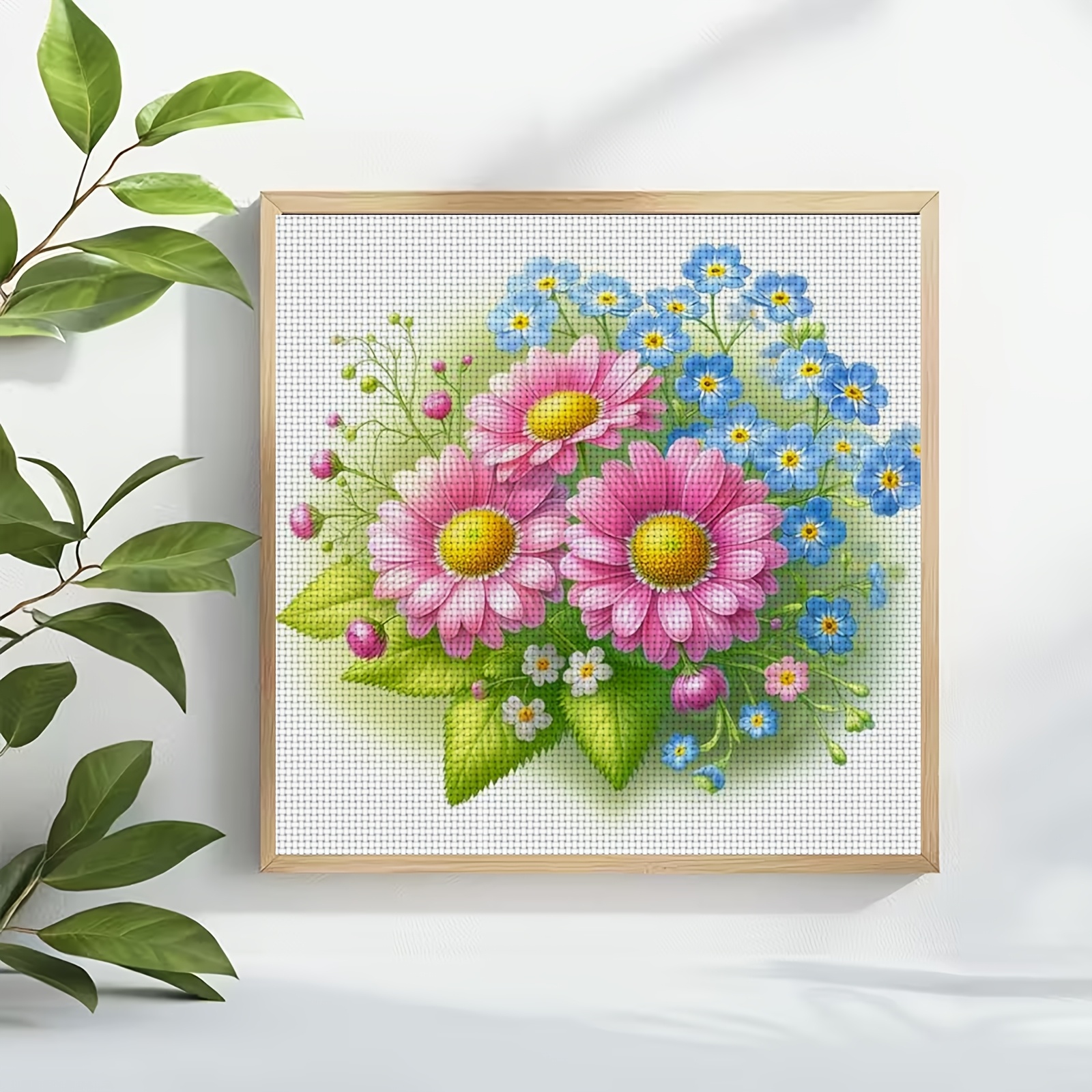 Cross Stitch Kit, Pink and Blue Floral Bouquet Pattern, Ideal for Beginners