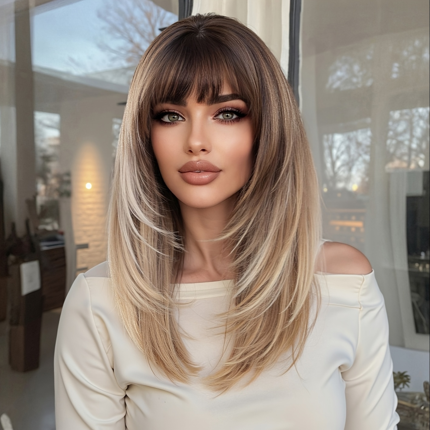 

Elegant Ombre Long Straight Synthetic Wig With Bangs For Women - Layered Look, High-temperature Resistant, 150% Density, Cap