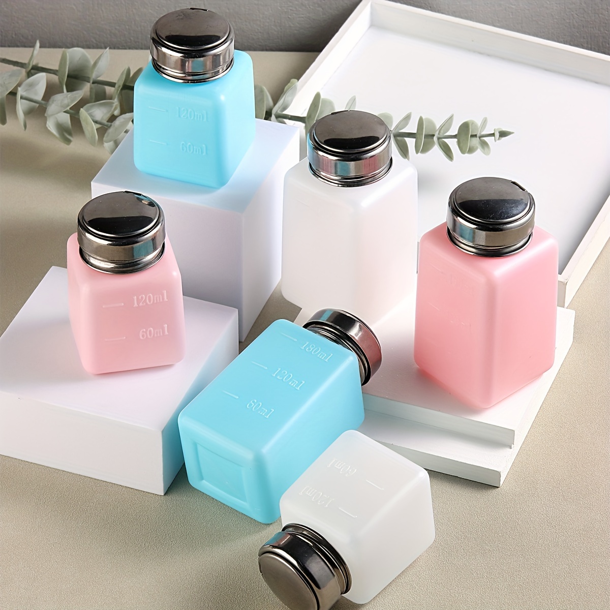 

Square Pump Bottles, 120/180ml Capacity, Stainless Steel Caps, Refillable Dispenser For Nail Polish Remover, Makeup Remover