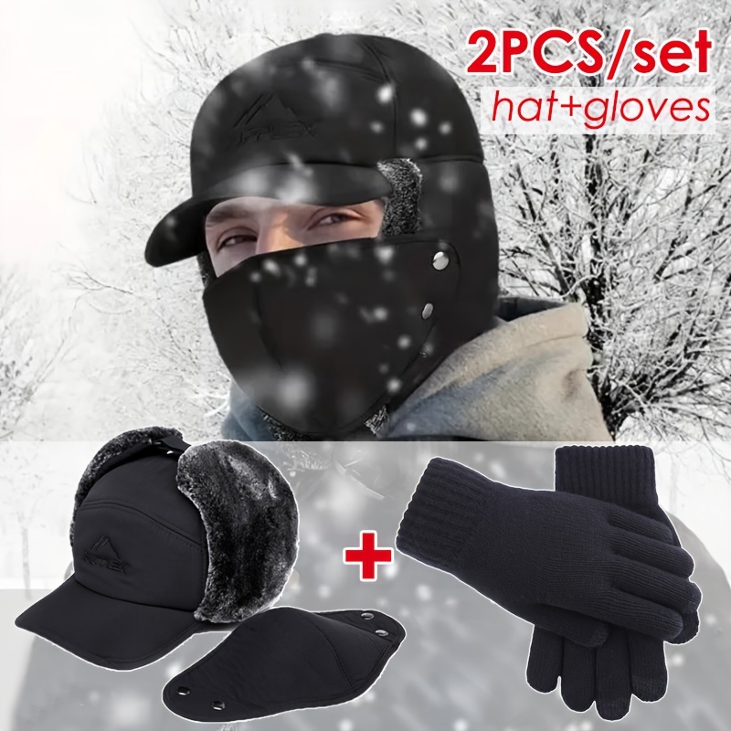 

1set Winter Polyester Hat And Gloves Combo For Men, Fashionable Non-stretch Woven Hat With Fur Lining, Hand Washable - To Wear,