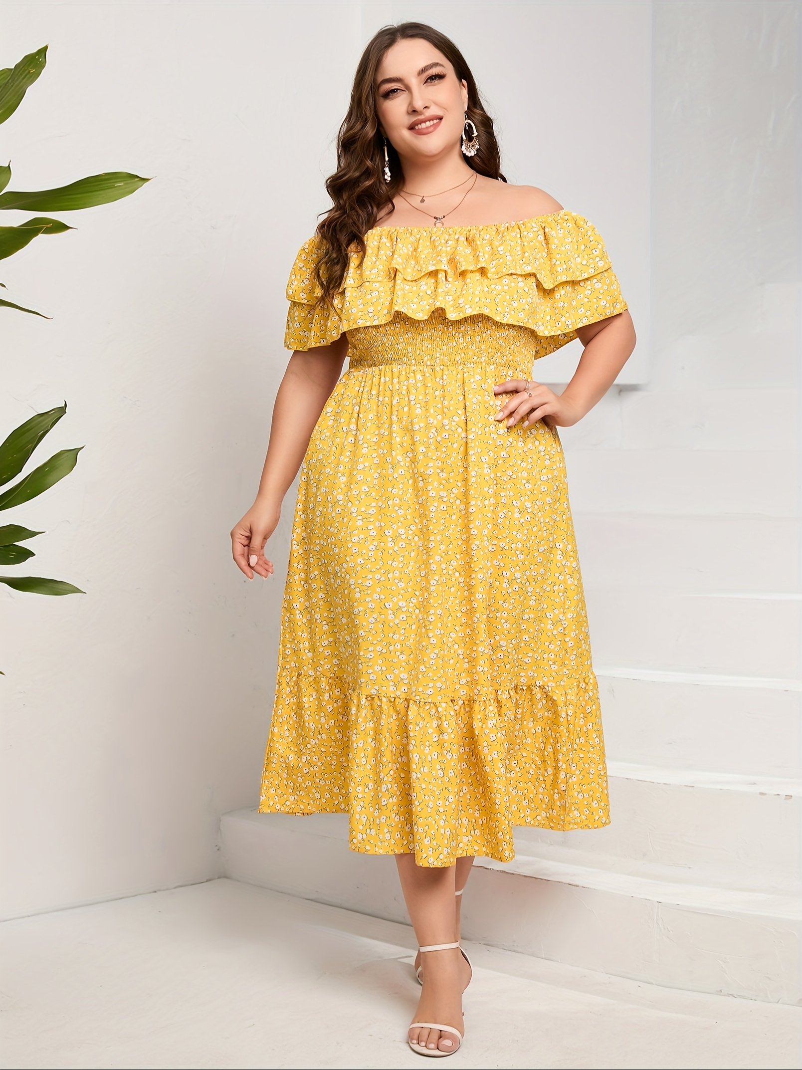Women Plus Size Off Shoulder Maxi Dress Ruffle Flowy Boho Casual Summer  Long Dresses