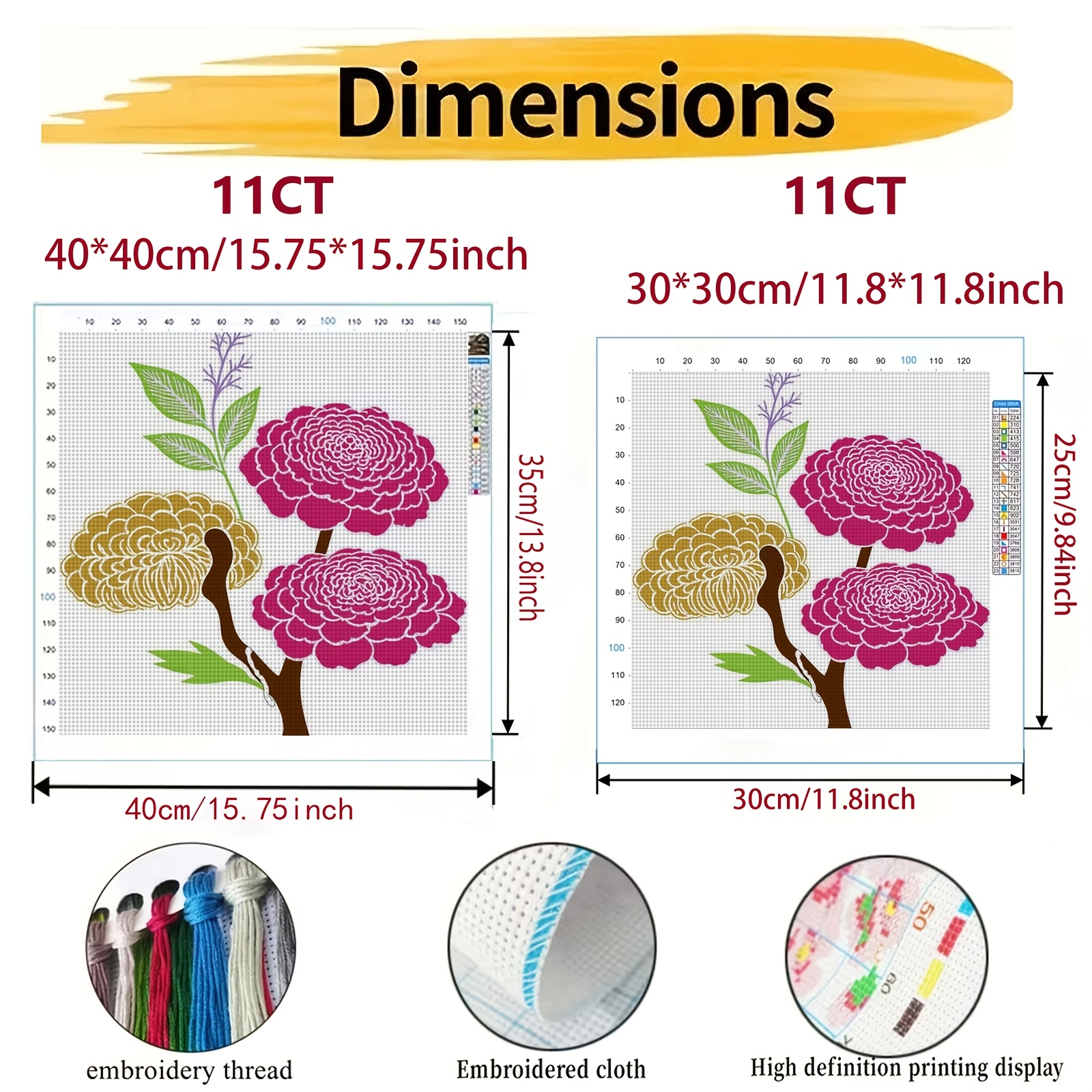 DIY Cross-Stitch Printed Kit, Unframed Three Flowers Illustration Pattern