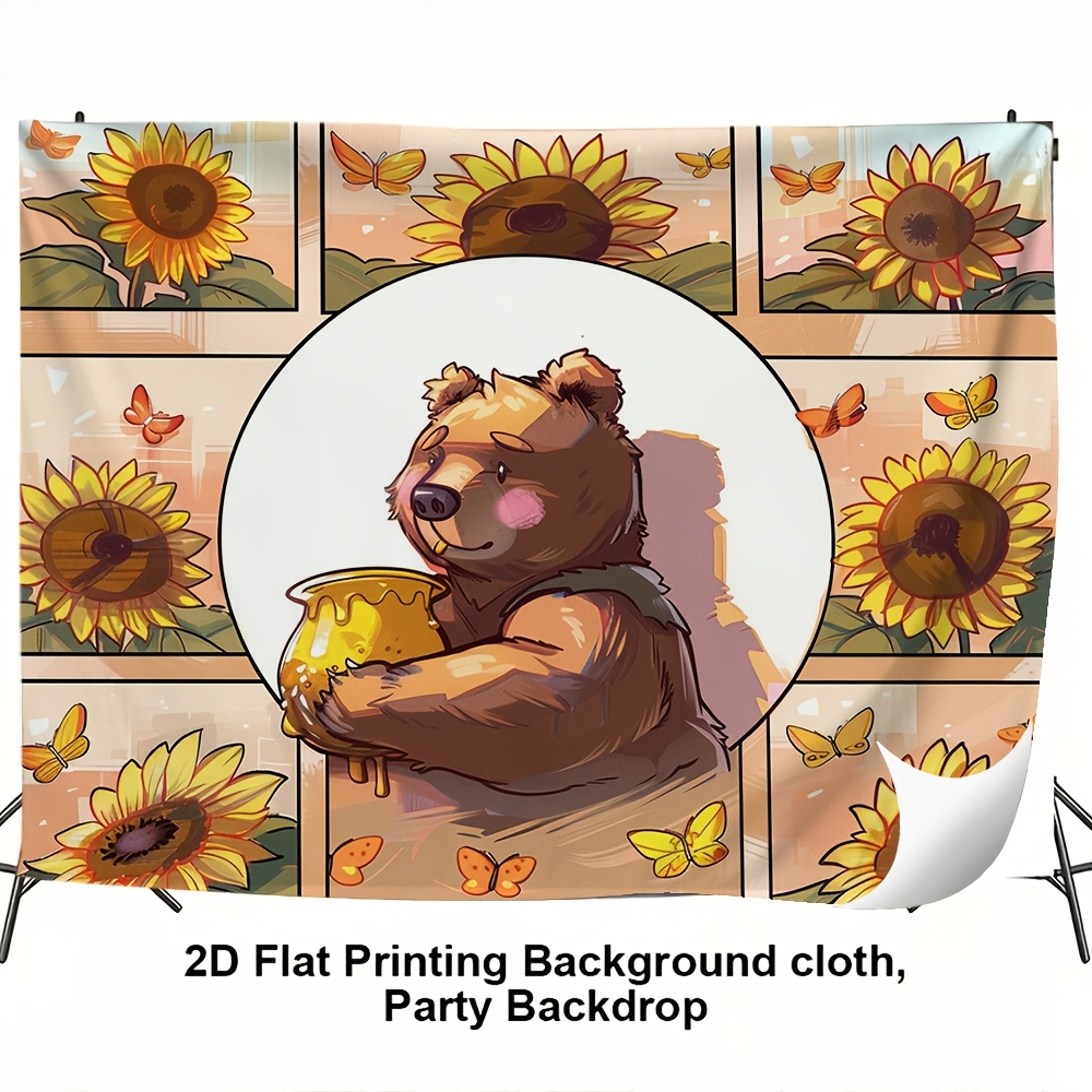Cute Brown Bear Sunflower Honey Photography Backdrop, 2D Flat